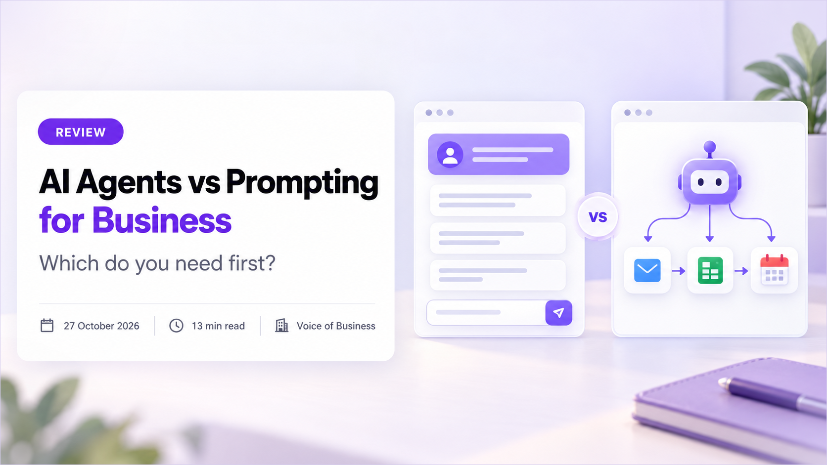 Cover for the review AI Agents vs Prompting for Business. Two app windows face each other across a badge reading vs: on the left a chat window with a purple role card, example lines and a message box, on the right a small purple assistant steering a flow from an email icon to a spreadsheet icon to a calendar icon. The headline sits on a white card with the subtitle Which do you need first, and a line reading 27 October 2026, 13 min read, Voice of Business.