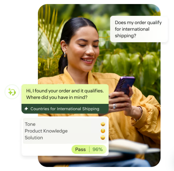 A section of the Zendesk AI product page showing a customer chat on a phone, where an AI assistant replies that it found the customer's order and asks a follow-up question, with a small panel scoring the reply on tone, product knowledge and solution.