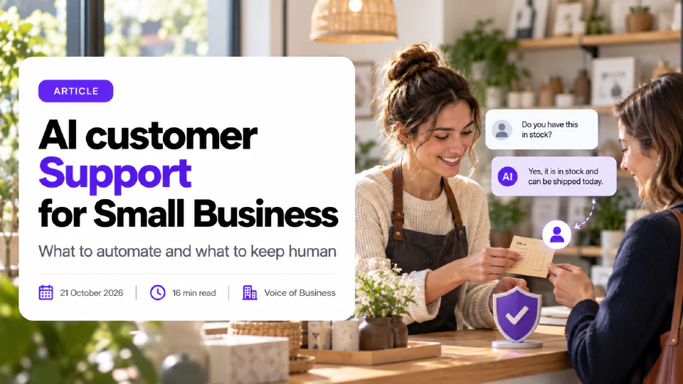 Cover for the article AI Customer Support for Small Business. A smiling shop owner in an apron hands a ticket card to a customer across a wooden counter, while a chat window shows the customer asking Do you have this in stock and an AI reply saying yes it is in stock and can be shipped today, with a purple shield and checkmark on the counter. The headline sits on a white card with the subtitle What to automate and what to keep human, and a line reading 21 October 2026, 16 min read, Voice of Business.