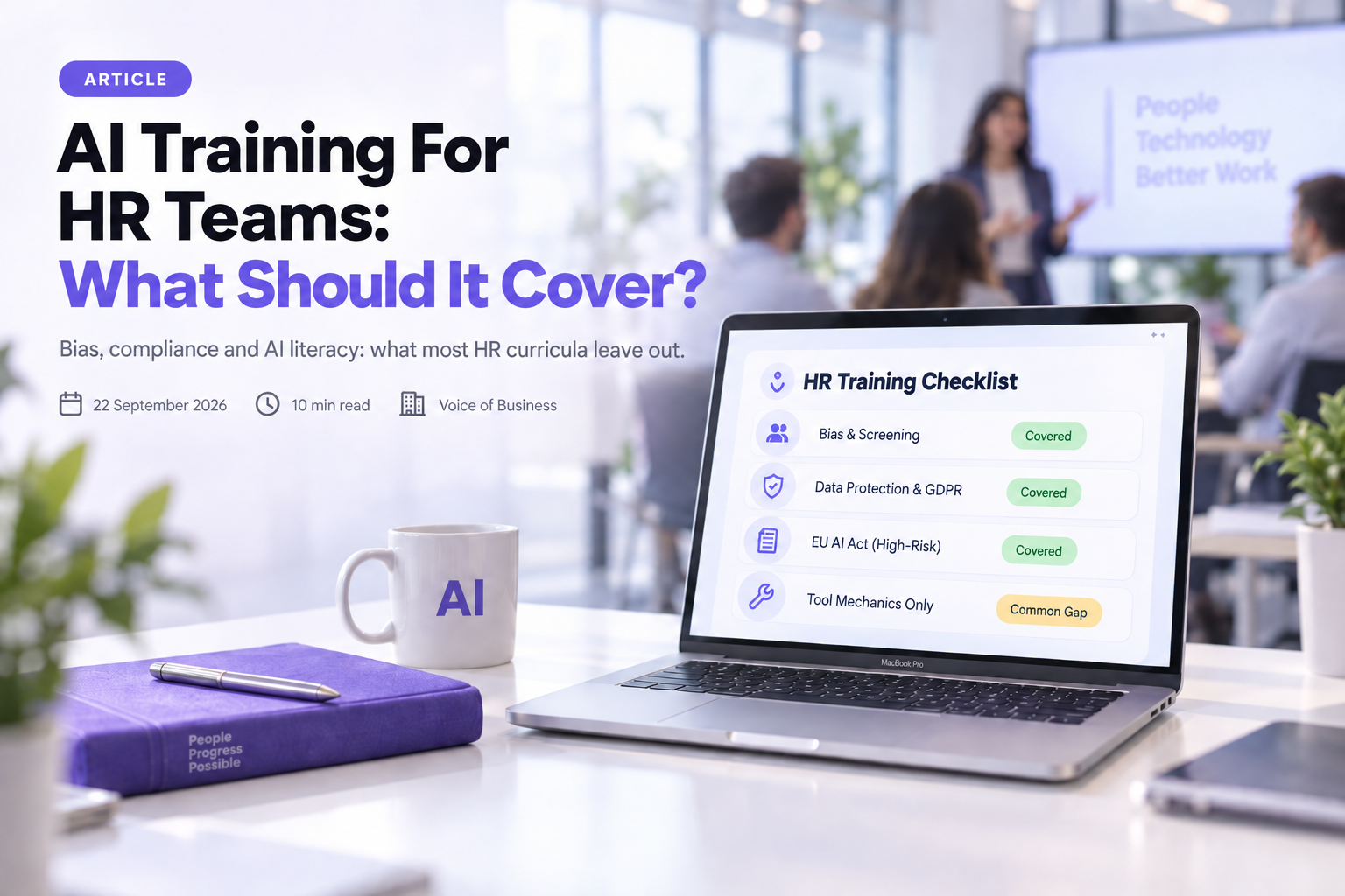 AI Training For HR Teams: What Should It Cover? A laptop on a desk shows an HR Training Checklist with bias and screening, data protection and GDPR, and the EU AI Act high-risk classification marked covered, and tool mechanics only marked as a common gap, with a meeting in progress blurred in the background