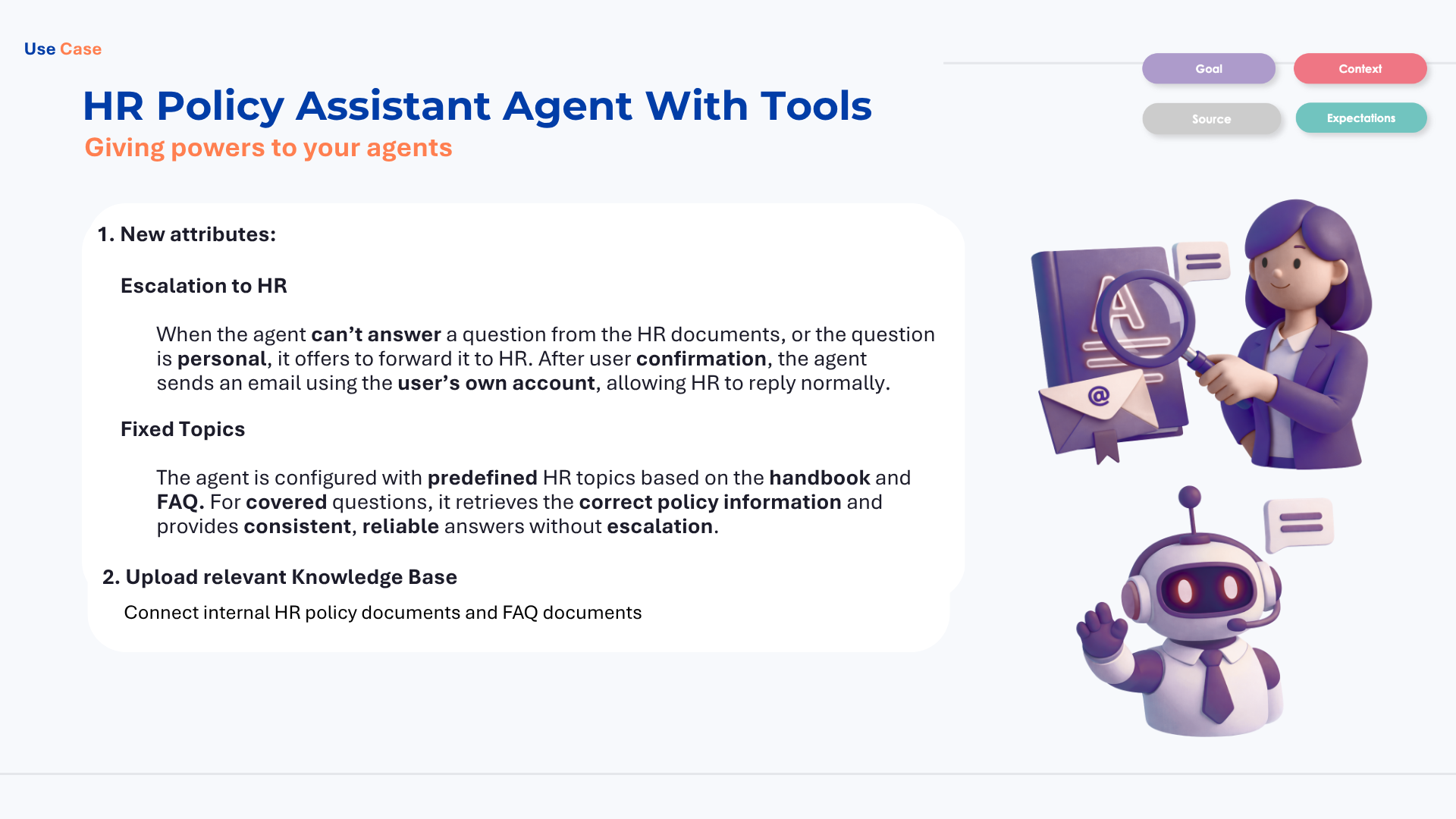 A training slide titled "HR Policy Assistant Agent With Tools", describing an agent configured with predefined HR topics from the handbook and FAQ, that escalates a question to HR by email with the user's confirmation when it cannot answer from the connected policy documents