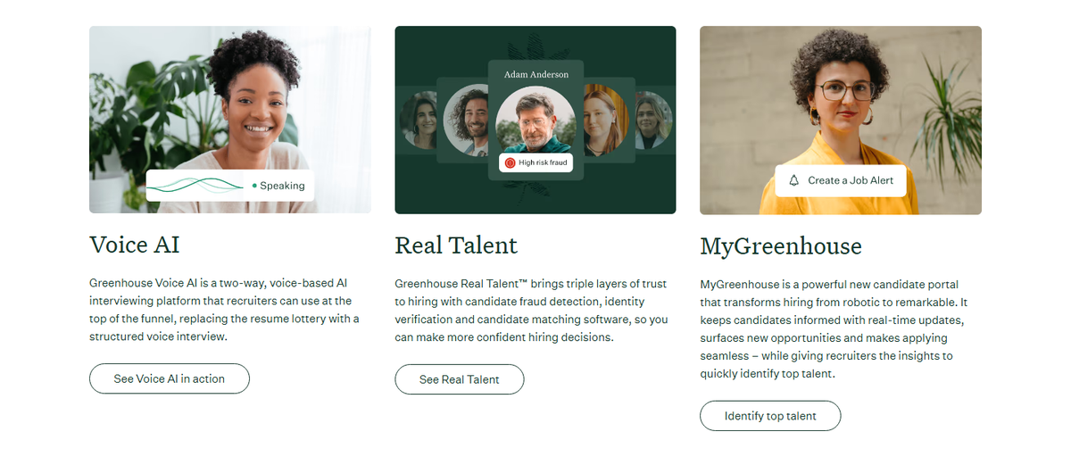 Greenhouse's homepage showing three products. Voice AI is described as a two-way, voice-based AI interviewing platform that replaces the resume lottery with a structured voice interview. Real Talent is described as candidate fraud detection, identity verification and candidate matching. MyGreenhouse is described as a candidate portal.