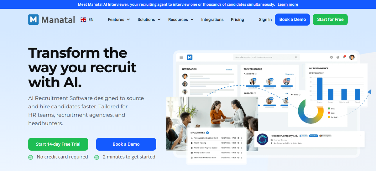 Manatal's homepage. A banner announces the Manatal AI Interviewer, a recruiting agent that interviews one or thousands of candidates simultaneously. The headline reads Transform the way you recruit with AI, beside a dashboard of notifications, top performers and a candidate chart.