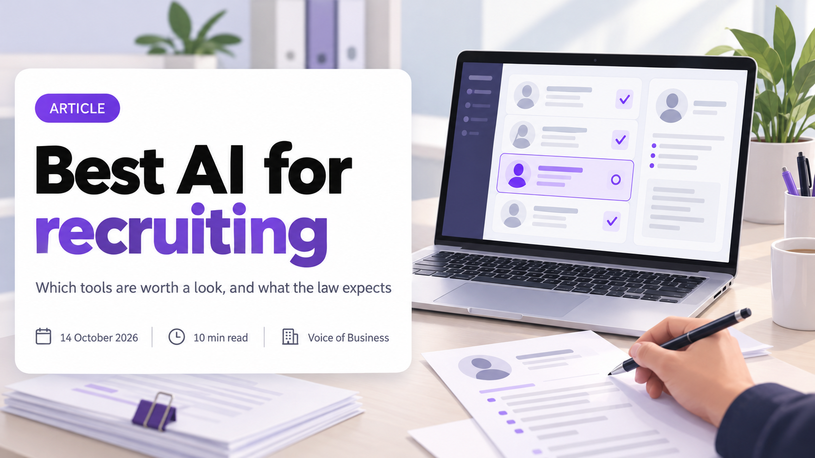 Cover for the article Best AI for recruiting. A laptop on a bright office desk shows a list of candidate cards, three ticked and one highlighted for review, beside a hand holding a pen over a printed CV. The headline sits on a white card with the subtitle Which tools are worth a look, and what the law expects, and a line reading 14 October 2026, 14 min read, Voice of Business.