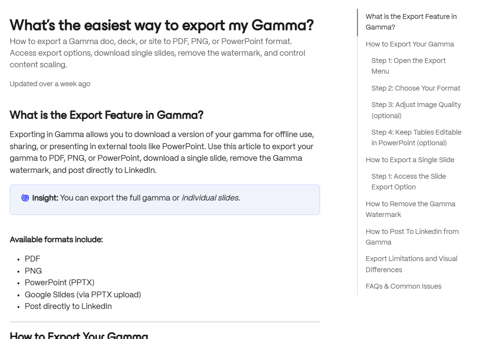 Gamma's support article titled What's the easiest way to export my Gamma. It explains that you can export the full gamma or individual slides, and lists the available formats as PDF, PNG, PowerPoint (PPTX), Google Slides via PPTX upload, and posting directly to LinkedIn.