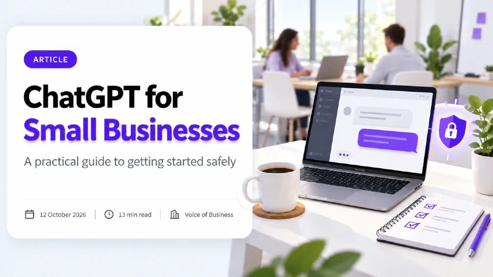 Cover for the article ChatGPT for Small Businesses. A laptop on a bright shared office desk shows a chat window with two message bubbles, beside a coffee cup, a notepad with a ticked checklist and a purple shield with a padlock, while two colleagues work at a table behind. The headline sits on a white card with the subtitle A practical guide to getting started safely, and a line reading 12 October 2026, 13 min read, Voice of Business.