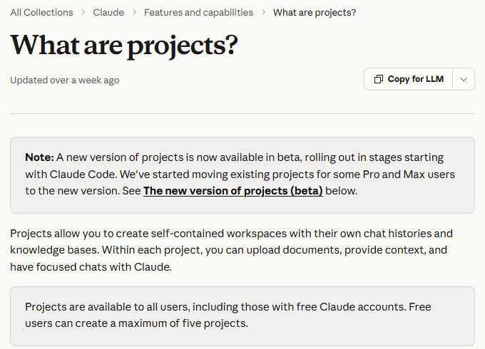 Anthropic's Claude Support page titled What are projects. A grey note says a new version of projects is available in beta, and a second box says projects are available to all users, including those with free Claude accounts, with a maximum of five projects for free users.