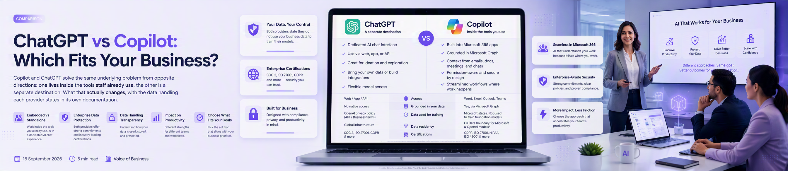 A laptop comparing ChatGPT and Copilot feature by feature, with a presenter addressing colleagues in a meeting room