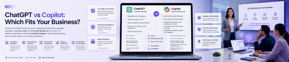 A laptop comparing ChatGPT and Copilot feature by feature, with a presenter addressing colleagues in a meeting room