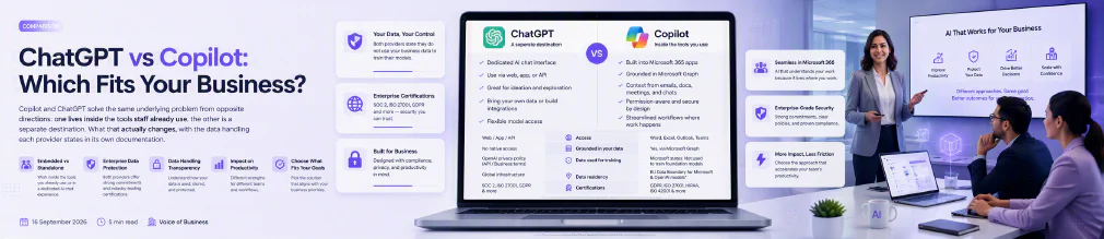 A laptop comparing ChatGPT and Copilot feature by feature, with a presenter addressing colleagues in a meeting room