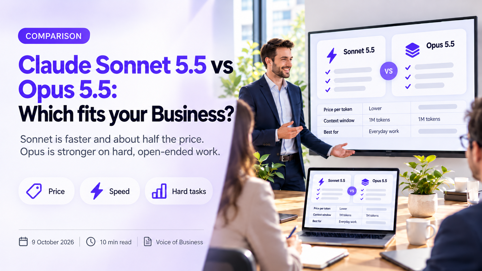 Two comparison cards labelled Sonnet 5.5 and Opus 5.5 joined by a VS badge on a laptop in a bright meeting room, beside the headline Claude Sonnet 5.5 vs Opus 5.5