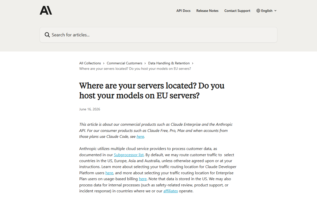 Anthropic's privacy centre article titled Where are your servers located, stating that customer traffic may be routed to select countries and that data is stored in the US