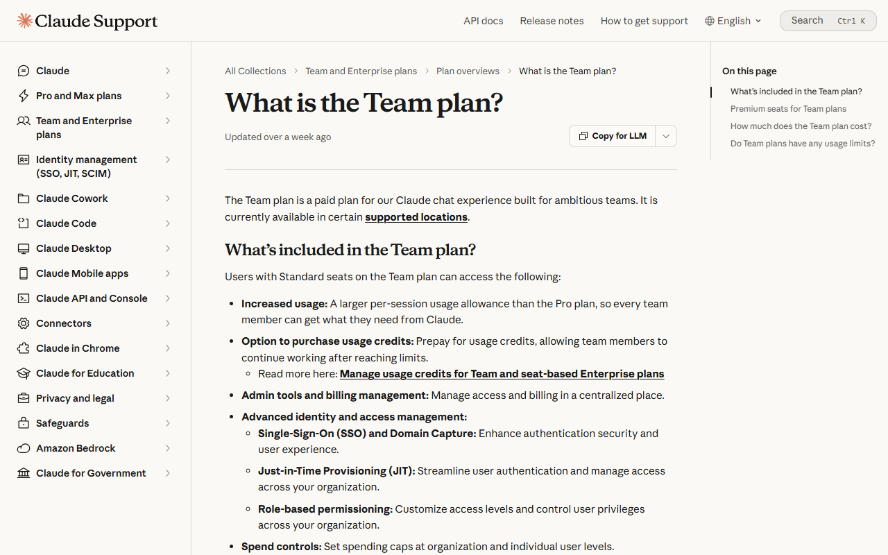 Anthropic's support article What is the Team plan, listing single sign-on, domain capture, just-in-time provisioning, role-based permissioning and spend controls