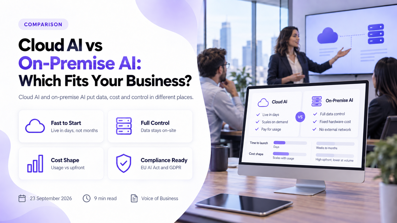 A desktop screen comparing Cloud AI and On-Premise AI feature by feature, with a presenter addressing colleagues in a glass-walled meeting room