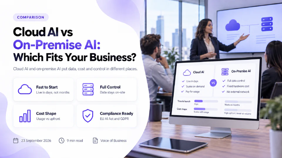 A desktop screen comparing Cloud AI and On-Premise AI feature by feature, with a presenter addressing colleagues in a glass-walled meeting room