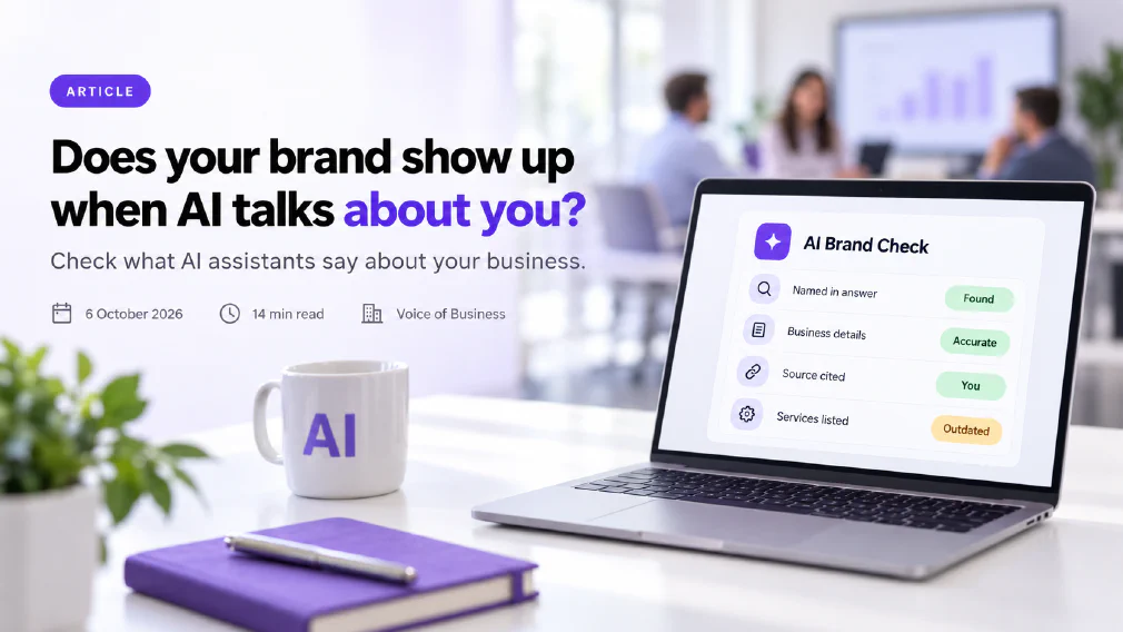Cover for the article Does your brand show up when AI talks about you? A laptop on a bright desk shows an AI Brand Check card with four rows: Named in answer marked Found, Business details marked Accurate, Source cited marked You, and Services listed marked Outdated, with a blurred meeting behind it.