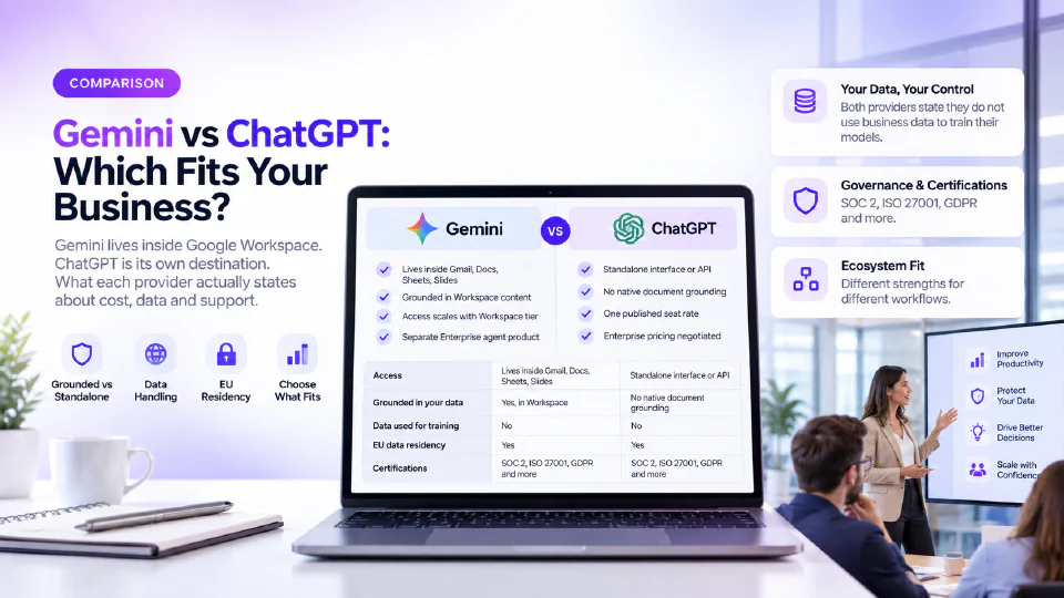 A laptop comparing Gemini and ChatGPT feature by feature, with a presenter addressing colleagues in a meeting room
