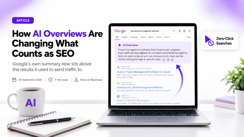 How AI Overviews are Changing What Counts As SEO. A search results page with an AI-generated summary panel sitting above the traditional blue links, an arrow showing the click going to the summary instead of the page