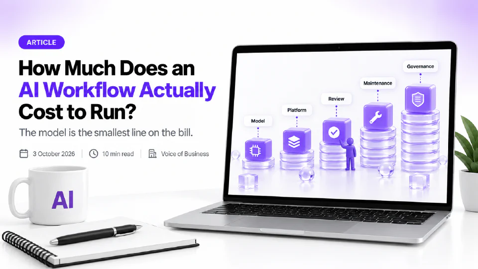 Cover for the article How much does an AI workflow actually cost to run? A laptop on a desk shows five glowing purple blocks labelled Model, Platform, Review, Maintenance and Governance, each on a stack of glass discs, rising from the shortest stack under Model to the tallest under Governance, with a small purple figure beside the Review block.