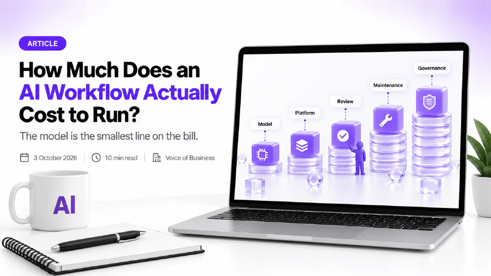 Cover for the article How much does an AI workflow actually cost to run? A laptop on a desk shows five glowing purple blocks labelled Model, Platform, Review, Maintenance and Governance, each on a stack of glass discs, rising from the shortest stack under Model to the tallest under Governance, with a small purple figure beside the Review block.