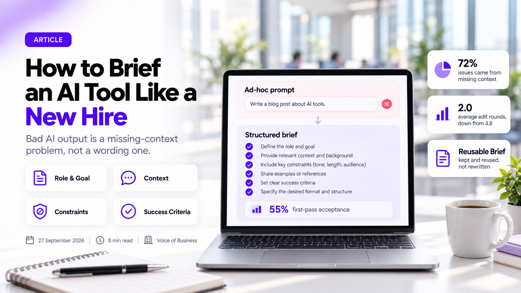 How to Brief an AI Tool Like You'd Brief a New Hire. A manager handing a one-page brief to two figures side by side at desks, one a person and one a screen showing a chat window, both reading the same page