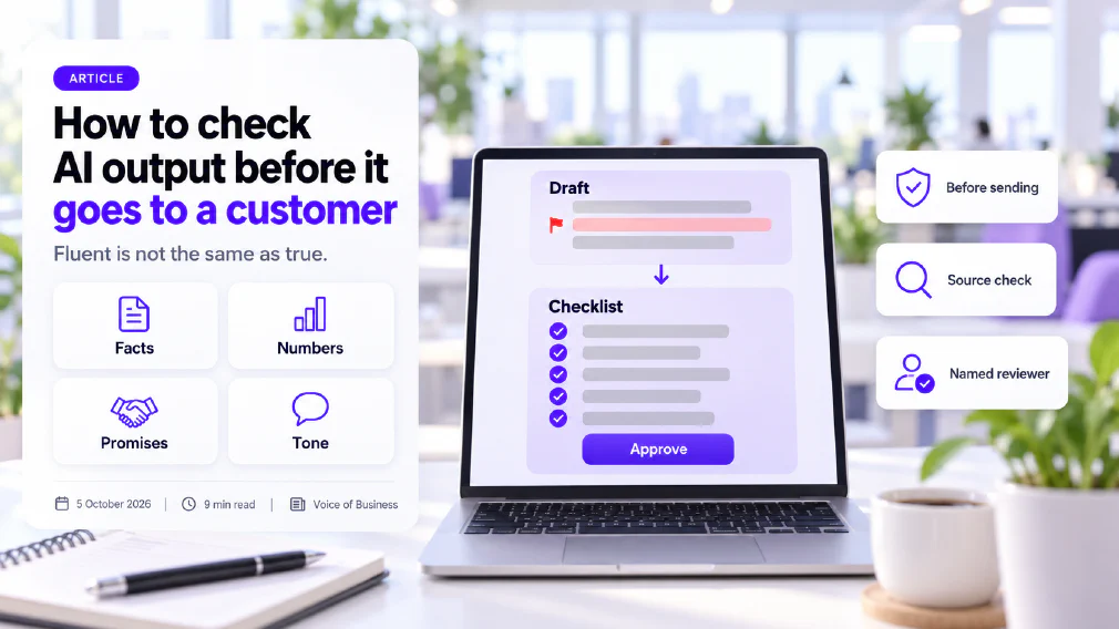 Cover for the article How to check AI output before it goes to a customer. A laptop on a desk shows an AI draft email to a customer with one promise highlighted, above a reviewer checklist of five ticked items ending in an Approve button, with cards beside it reading Before sending, Source check and Named reviewer.