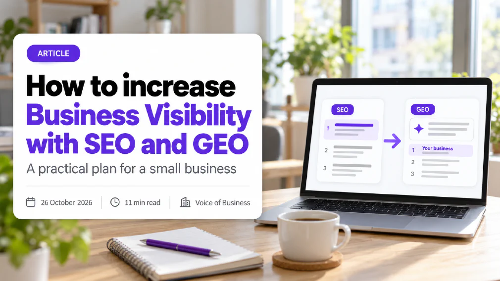 Two cards joined by an arrow: search results labelled SEO with the first result highlighted, leading to an AI answer labelled GEO that lists your business as a source