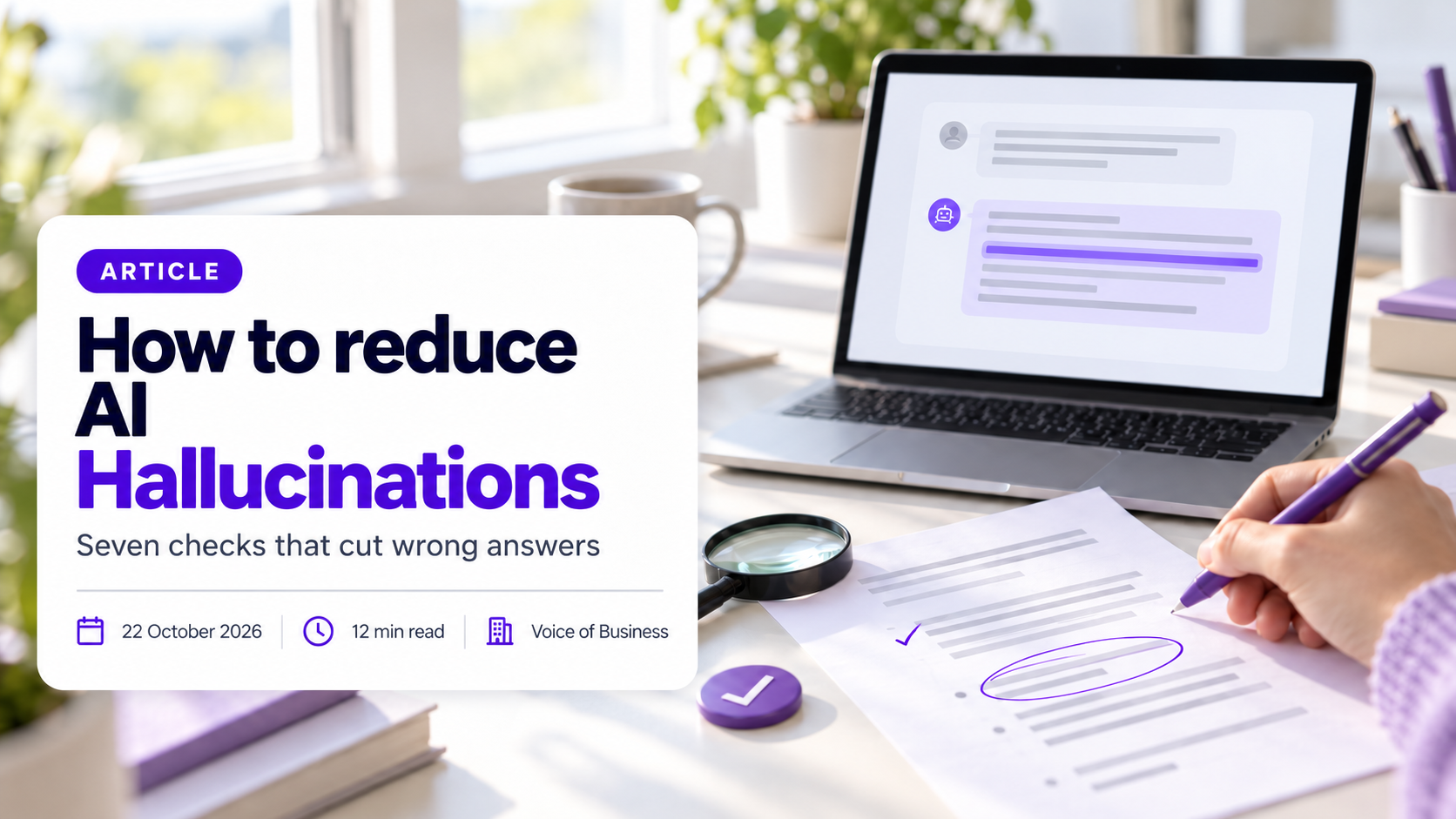 Cover for the article How to reduce AI Hallucinations. A laptop on a bright desk shows an AI chat window with one line of the reply highlighted in purple, beside a printed copy of the answer being checked with a purple pen, a magnifying glass and a checkmark badge. The headline sits on a white card with the subtitle Seven checks that cut wrong answers, and a line reading 22 October 2026, 12 min read, Voice of Business.