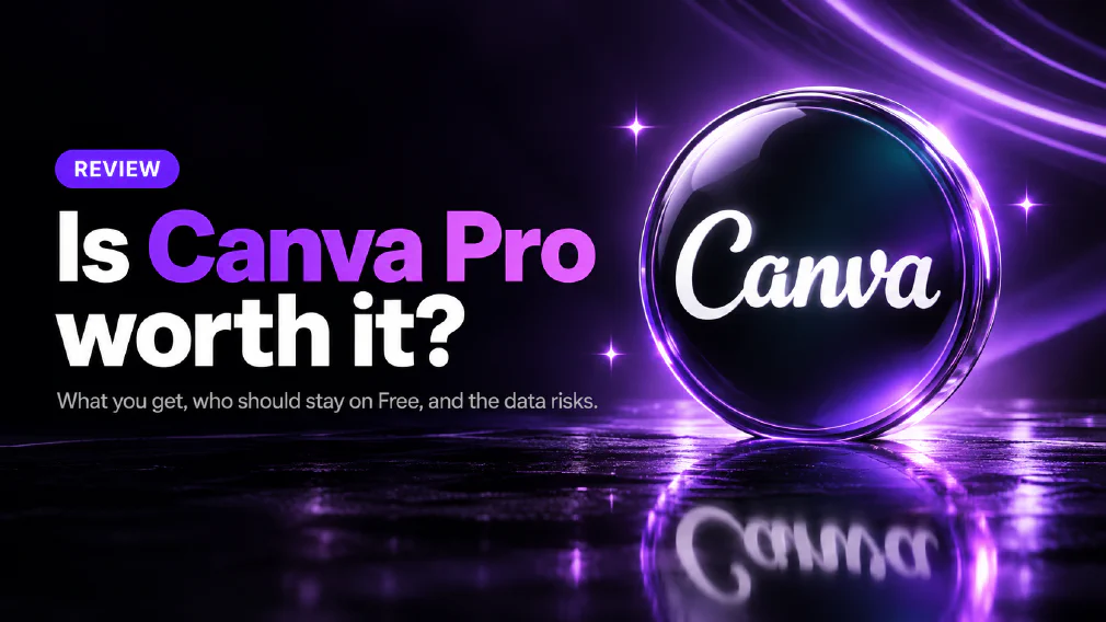 A glossy black glass round badge with a glowing purple rim holds the white cursive Canva logo on a dark purple background beside the headline Is Canva Pro worth it? and the subtitle What you get, who should stay on Free, and the data risks.
