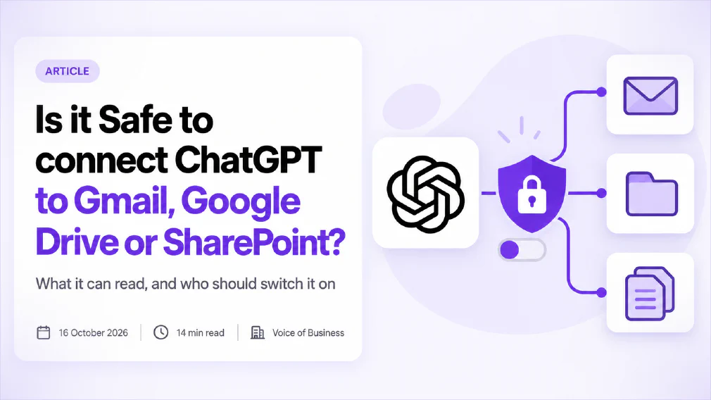 Cover for the article Is it Safe to connect ChatGPT to Gmail, Google Drive or SharePoint? A white tile holding the ChatGPT logo is linked through a purple shield with a padlock and a narrow toggle switch to three cards showing an envelope, a folder and stacked pages. The headline sits on a white card with the subtitle What it can read, and who should switch it on, and a line reading 16 October 2026, 14 min read, Voice of Business.