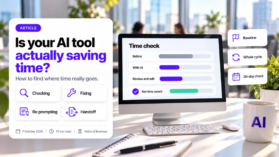 Cover for the article Is your AI tool actually saving time? A desktop monitor on a bright office desk shows a Time check card with bars for Before, With AI and Review and edit, and a green Net time saved bar, beside a card of four tiles reading Checking, Fixing, Re-prompting and Handoff, and side cards reading Baseline, Whole cycle and 30-day check. The headline sits on a white card with the subtitle How to find where time really goes.