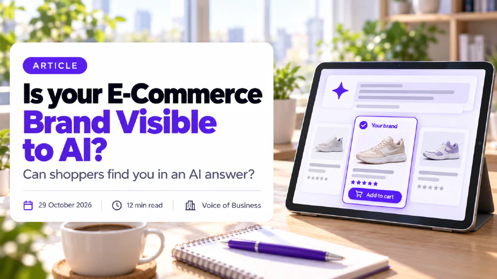 Cover for the article Is your E-Commerce Brand Visible to AI? A tablet on a bright desk shows an AI answer card above three product cards, the middle one highlighted and labelled Your brand with an Add to cart button, beside a coffee cup and a notebook with a purple pen.