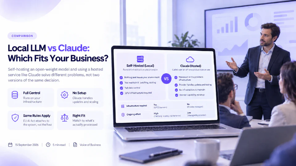 A laptop comparing Local LLM and Claude feature by feature, self-hosted versus hosted