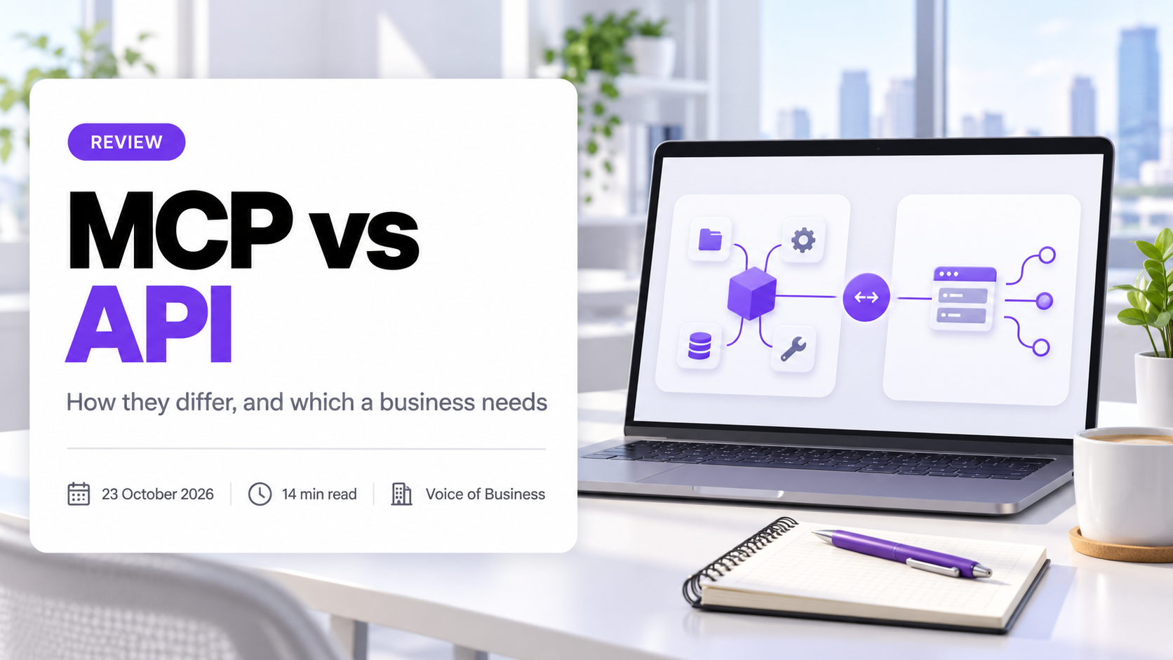 Cover for the review MCP vs API. A laptop on a bright office desk shows a diagram with a central cube linked to a folder, a gear, a database and a wrench on one side, and a window with three branching connections on the other, joined by a two-way arrow, beside a notepad with a purple pen and a coffee cup. The headline sits on a white card with the subtitle How they differ, and which a business needs, and a line reading 23 October 2026, 14 min read, Voice of Business.