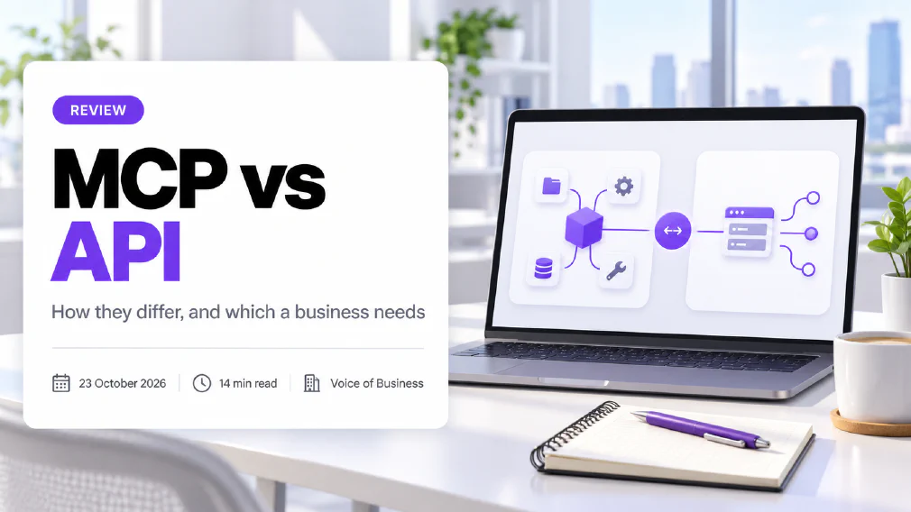 Cover for the review MCP vs API. A laptop on a bright office desk shows a diagram with a central cube linked to a folder, a gear, a database and a wrench on one side, and a window with three branching connections on the other, joined by a two-way arrow, beside a notepad with a purple pen and a coffee cup. The headline sits on a white card with the subtitle How they differ, and which a business needs, and a line reading 23 October 2026, 14 min read, Voice of Business.