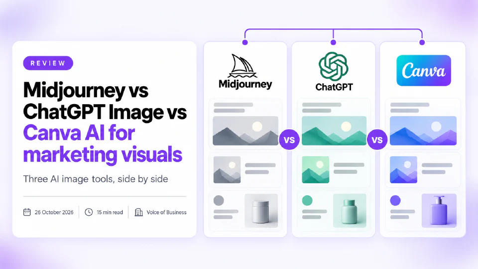 A review cover for Midjourney vs ChatGPT Images vs Canva AI for marketing visuals, with the subtitle Three AI image tools, side by side, next to three matching cards showing each tool's logo and sample marketing images, separated by vs badges.