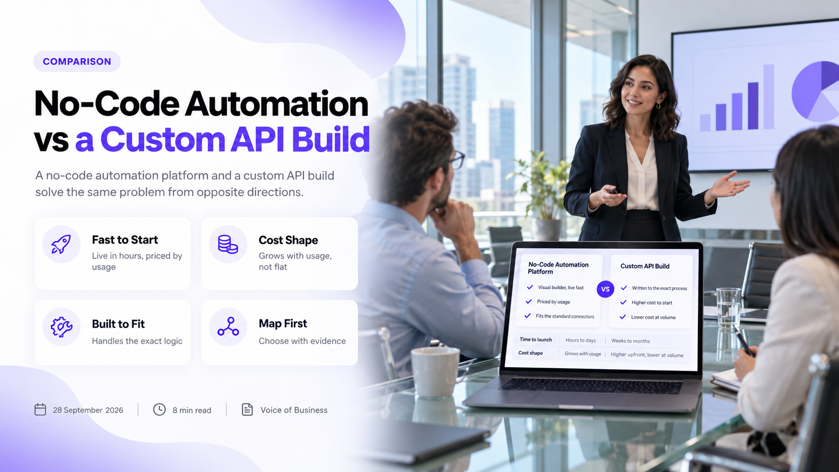 A laptop comparing a no-code automation platform and a custom API integration feature by feature, with a presenter addressing colleagues in a meeting room