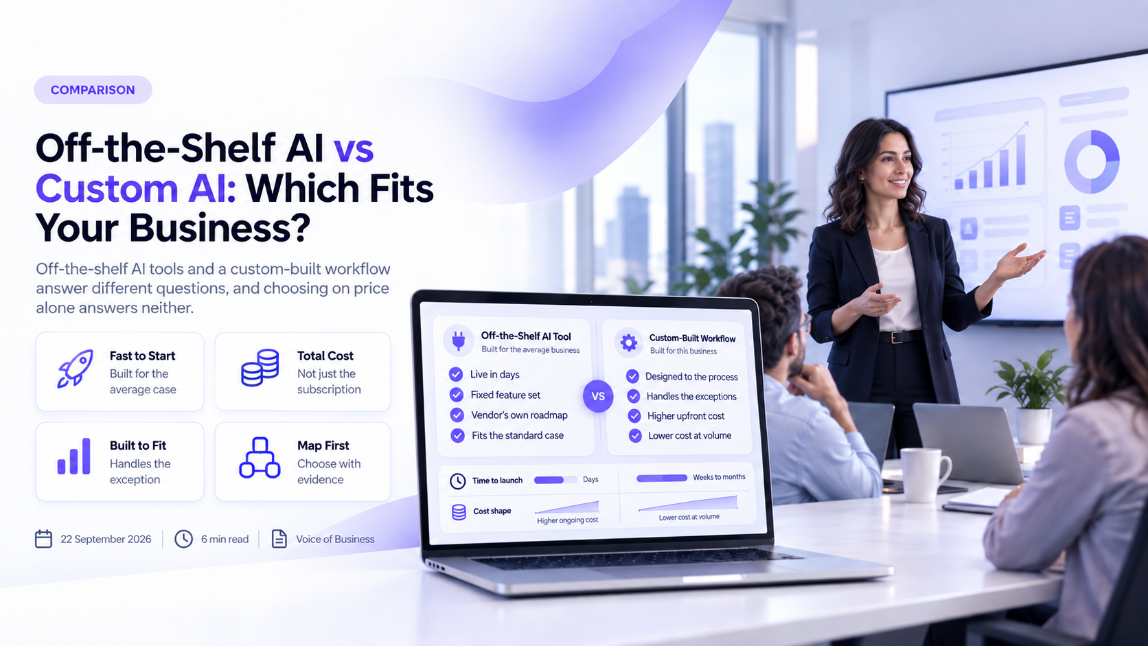 A laptop comparing an off-the-shelf AI tool and a custom-built AI workflow feature by feature, with a presenter addressing colleagues in a meeting room