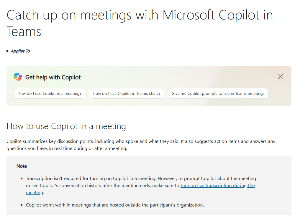 Microsoft's support page titled Catch up on meetings with Microsoft Copilot in Teams. A side menu lists related Copilot topics. The main text says Copilot summarises key discussion points, including who spoke and what they said, suggests action items and answers questions. A note says transcription is not required to turn on Copilot in a meeting, and that Copilot will not work in meetings hosted outside the participant's own organisation.
