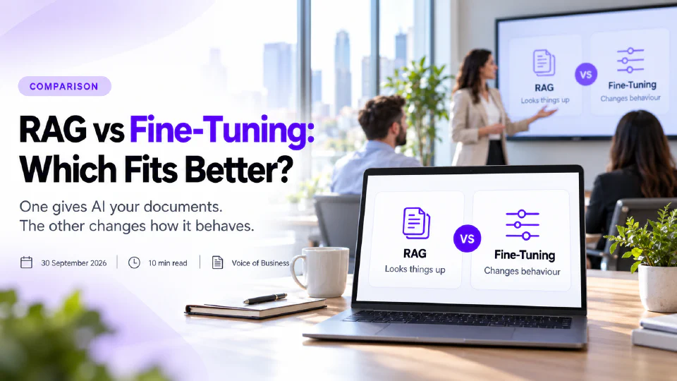 RAG vs Fine-Tuning: Which Fits Better? A comparison slide on a laptop and a wall screen in a meeting room, with a document-stack icon labelled RAG, Looks things up, and a sliders icon labelled Fine-Tuning, Changes behaviour, either side of a VS badge, while a presenter talks to two colleagues.