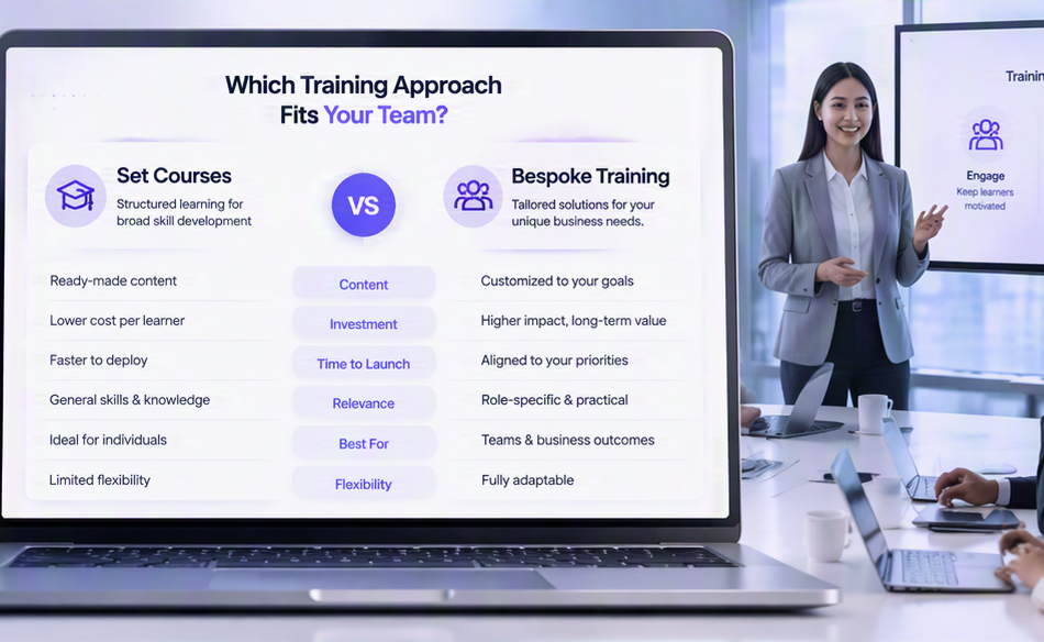 A laptop screen comparing Set Courses and Bespoke Training feature by feature, with a trainer presenting to colleagues in a meeting room