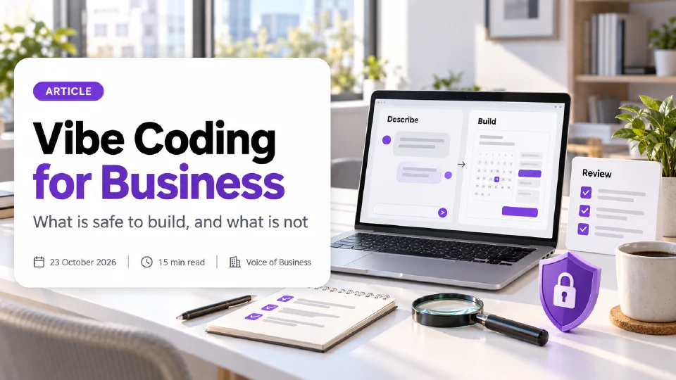 Cover for the article Vibe Coding for Business. A laptop on a bright office desk shows a plain-language request in a Describe panel beside a simple booking page in a Build panel, with a Review checklist card, a notepad with ticks, a magnifying glass and a purple shield with a padlock beside it. The headline sits on a white card with the subtitle What is safe to build, and what is not, and a line reading 23 October 2026, 15 min read, Voice of Business.