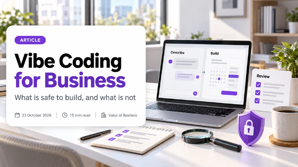 Cover for the article Vibe Coding for Business. A laptop on a bright office desk shows a plain-language request in a Describe panel beside a simple booking page in a Build panel, with a Review checklist card, a notepad with ticks, a magnifying glass and a purple shield with a padlock beside it. The headline sits on a white card with the subtitle What is safe to build, and what is not, and a line reading 23 October 2026, 15 min read, Voice of Business.