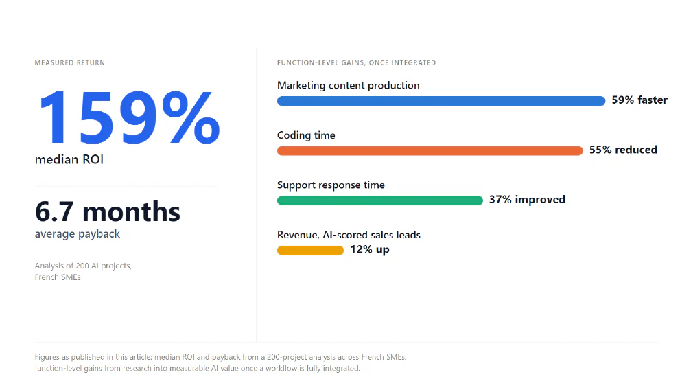 Chart: a median ROI of 159% and a 6.7-month average payback, and four function-level gains once a workflow is fully integrated: marketing content production 59% faster, coding time reduced 55%, support response time improved 37%, revenue from AI-scored sales leads up 12%
