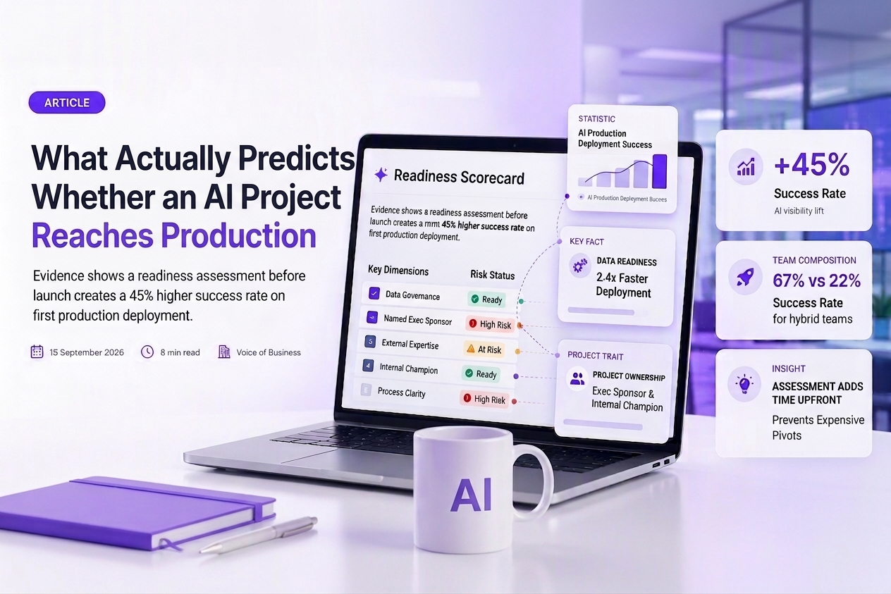 The article title beside four labelled principles for AI projects that reach production: Assess Before You Build, Fix Data First, Name an Owner, and Pair Internal With External