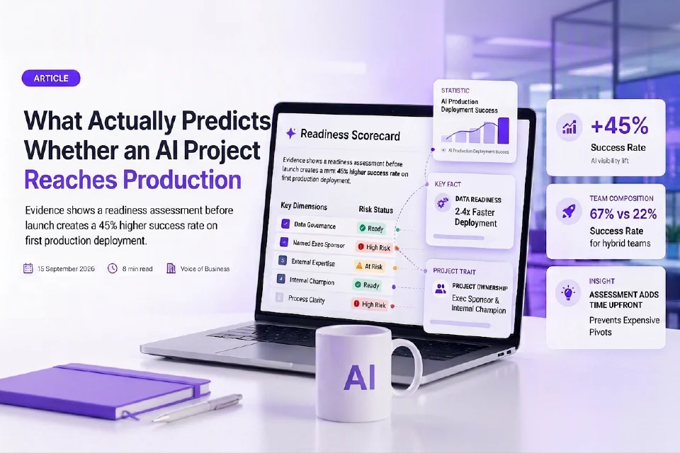The article title beside four labelled principles for AI projects that reach production: Assess Before You Build, Fix Data First, Name an Owner, and Pair Internal With External