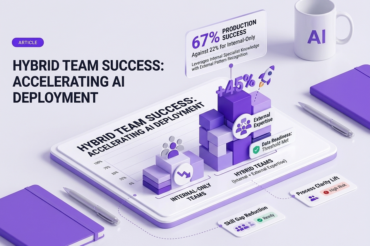 The article title beside four labelled principles for AI projects that reach production: Assess Before You Build, Fix Data First, Name an Owner, and Pair Internal With External