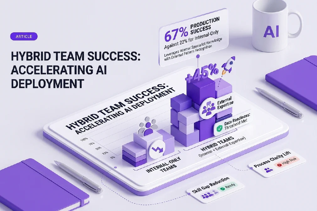 The article title beside four labelled principles for AI projects that reach production: Assess Before You Build, Fix Data First, Name an Owner, and Pair Internal With External