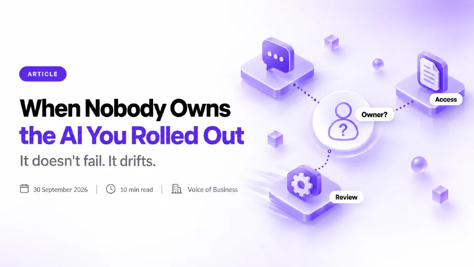 When Nobody Owns the AI You Rolled Out. It doesn't fail. It drifts. Three violet platforms carrying a chat bubble, a document and a gear are linked by dotted lines to a central badge showing a blank person outline with a question mark, labelled Owner?, with the other platforms labelled Access and Review.