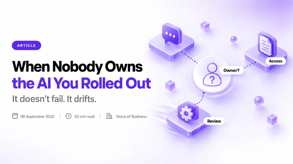 When Nobody Owns the AI You Rolled Out. It doesn't fail. It drifts. Three violet platforms carrying a chat bubble, a document and a gear are linked by dotted lines to a central badge showing a blank person outline with a question mark, labelled Owner?, with the other platforms labelled Access and Review.
